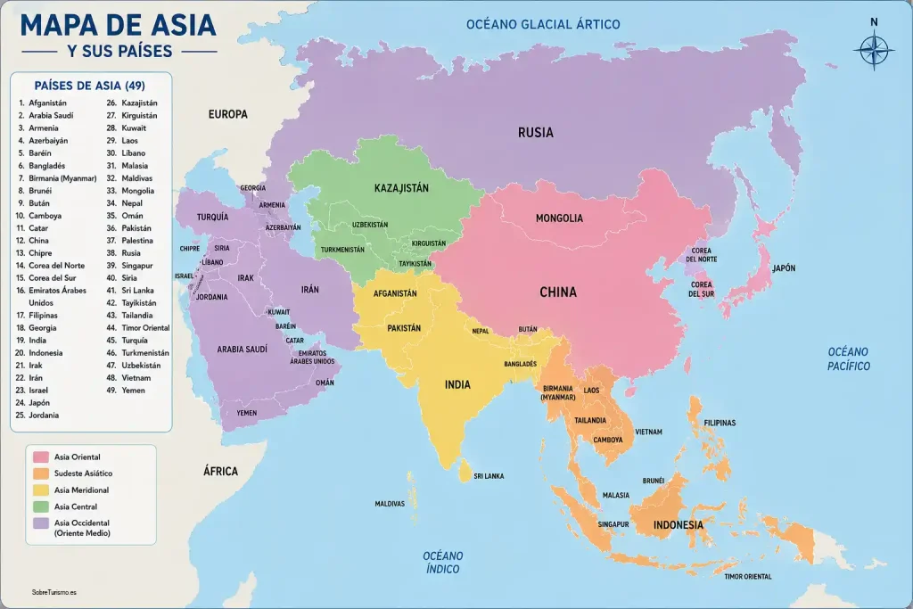 Mapa con los países de Asia