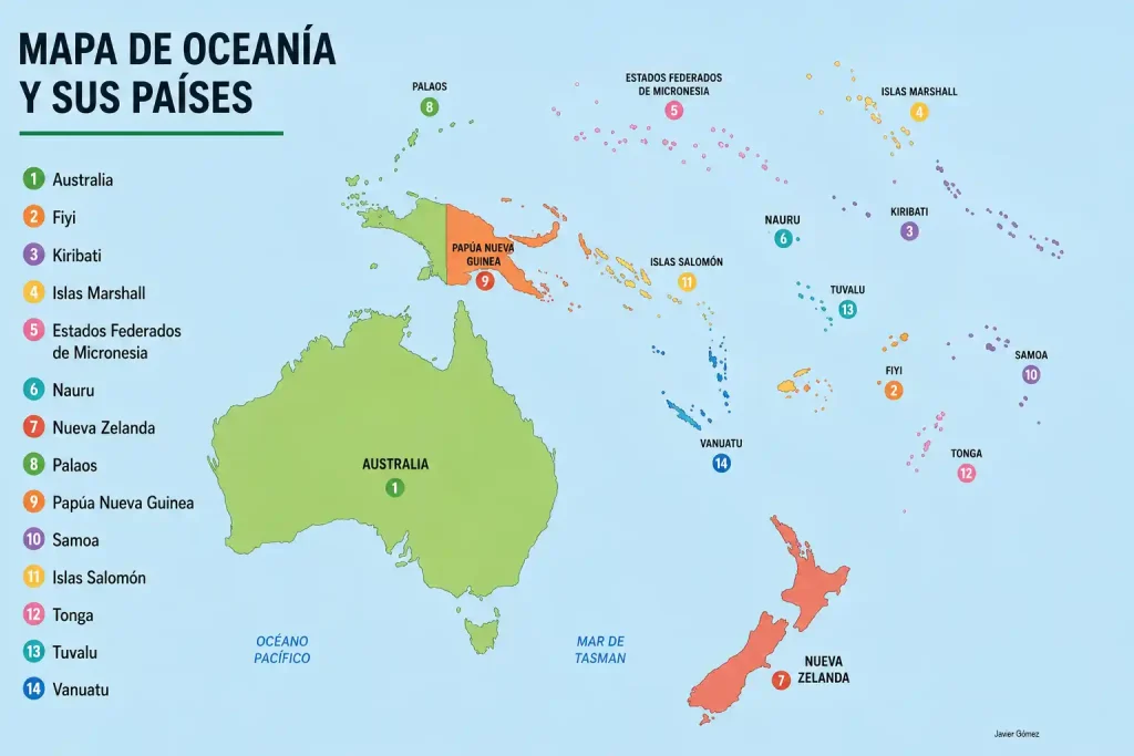 Mapa con los países de Oceanía