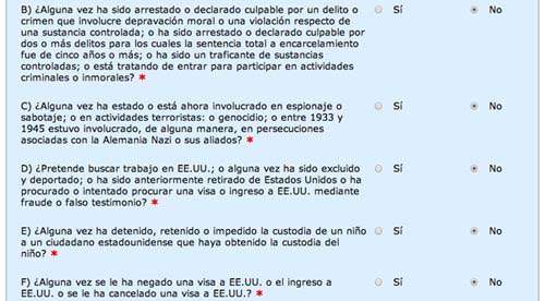 Preguntas del formulario ESTA